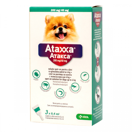 Câini - ATAXXA 200 mg-40 mg(0-4 kg) – Cutie cu 3 Pipete Spot-On