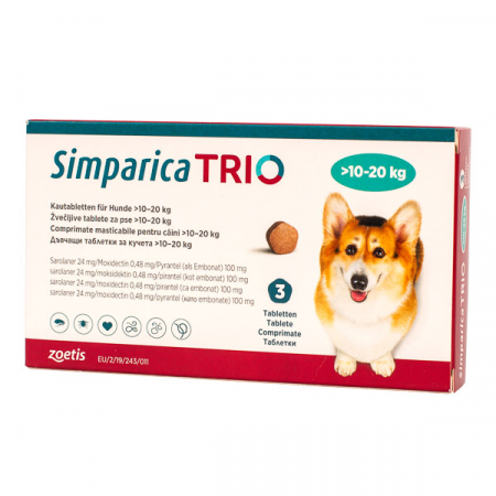 Antiparazitare Interne - Simparica Trio (10-20 kg) - 3 comprimate masticabile