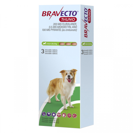 Câini - Bravecto TriUNO 200 mg (10 kg - 20 kg) – 3 tablete