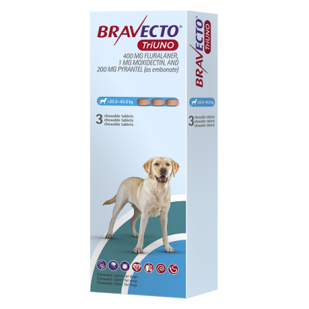 Antiparazitare Interne - Bravecto TriUNO 400 mg (20 kg - 40 kg) – 3 tablete