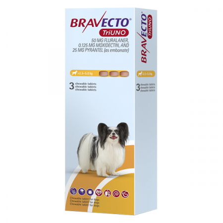 Antiparazitare Interne - Bravecto TriUNO 50 mg (2.5 kg - 5 kg) – 3 tablete