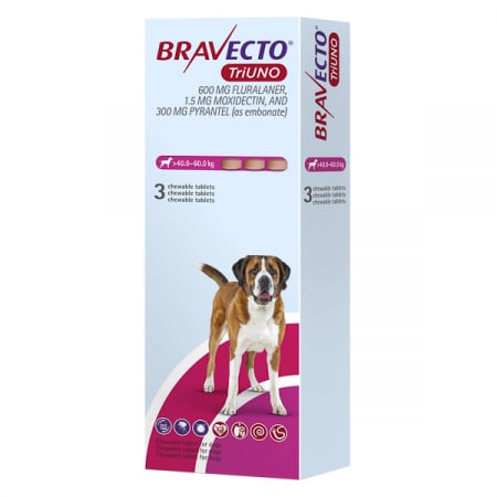 Antiparazitare Interne - Bravecto TriUNO 600 mg (40 kg - 60 kg) – 3 tablete