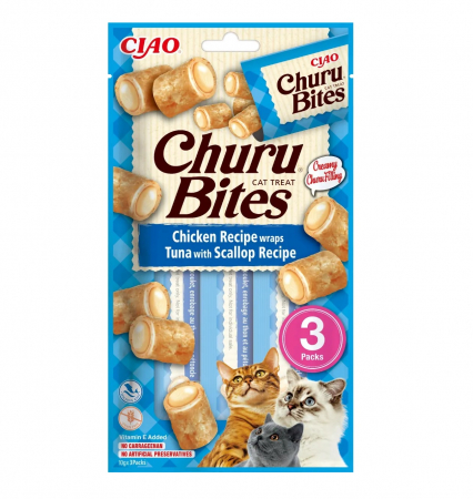 Recompense Pisici - Churu Bites Recompense pentru Pisici cu Pui, Ton și Scoici fără cereale - 3 x 10 g