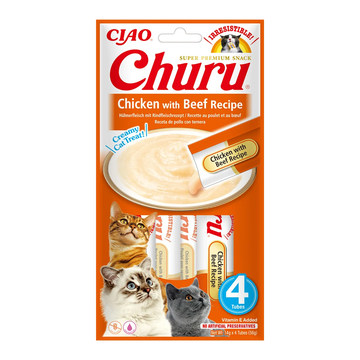 Recompense Pisici - Churu Creamy Piure Recompense pentru Pisici cu Pui și Vită - 4 x 14 g