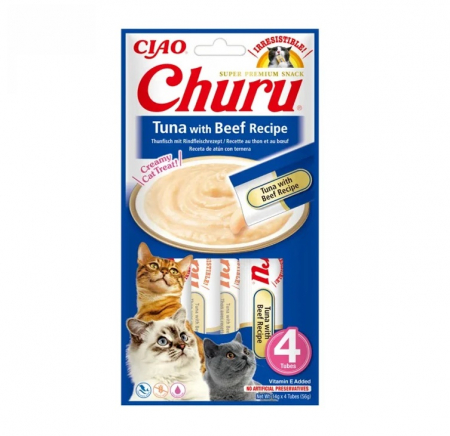 Recompense Pisici - Churu Creamy Piure Recompense pentru Pisici cu Ton și Vită - 4 x 14 g