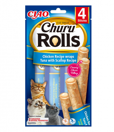 Recompense Pisici - Churu Rolls Recompense pentru Pisici cu Pui, Ton și Scoici, fără cereale - 4 x 10 g