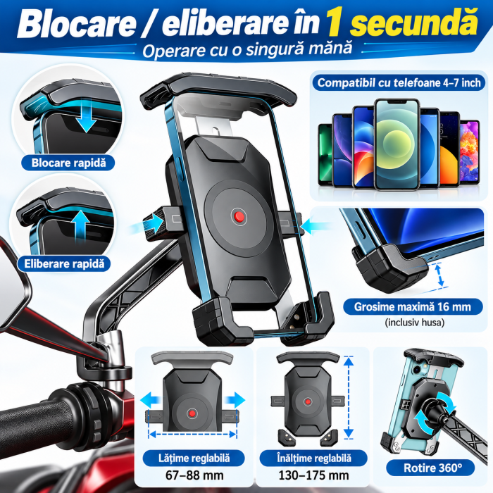 Suport telefon motocicletă pentru oglindă 360° – 4–7 inch [2]