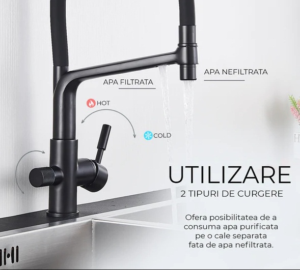 Baterie bucatarie cu 3 cai pentru filtru de purificare, negru mat [3]