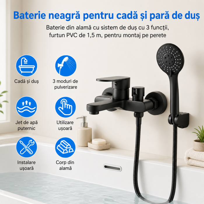 Baterie cadă neagră cu pară de duș 3 funcții [4]