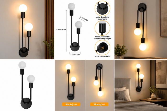 Aplică de perete industrială 2 becuri E27 metal negru 47 cm [3]