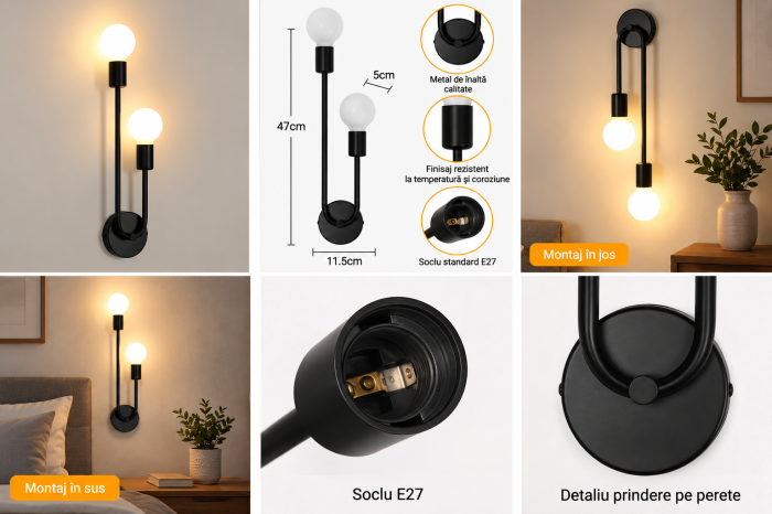 Aplică de perete industrială 2 becuri E27 metal negru 47 cm [2]