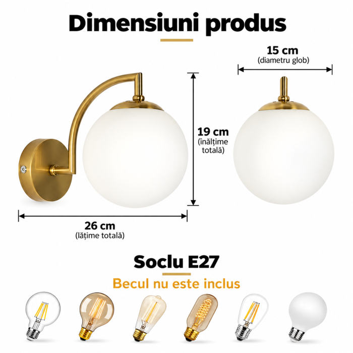Aplică de perete aurie cu glob din sticlă E27 26 x 19 cm [2]