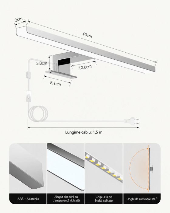 Aplică LED oglindă baie 40 cm 10W 1184 lm alb neutru [2]
