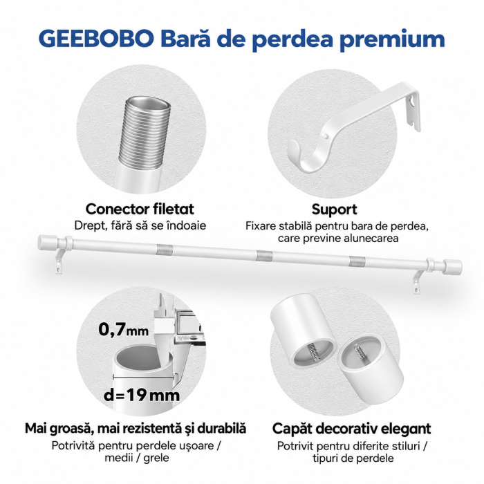 Bară telescopică perdea GEEBOBO 76–228 cm Ø19 mm [3]