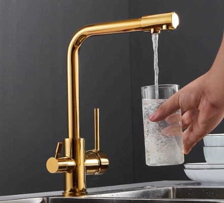 Baterie bucatarie cu 3 cai, pentru filtru de purificare, auriu lucios [2]