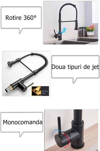 Baterie bucatarie, cu dus flexibil, 2 functii de curgere, negru mat [3]
