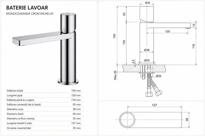 Baterie lavoar crom nichelat monocomandă 19 cm [4]