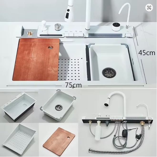 Chiuveta Multifuncționala Premium, din Otel Inoxidabil cu 2 cascade, jet spalare pahare, tocator din lemn natural si 2 cuve pentru spalat, Alb Mat [4]