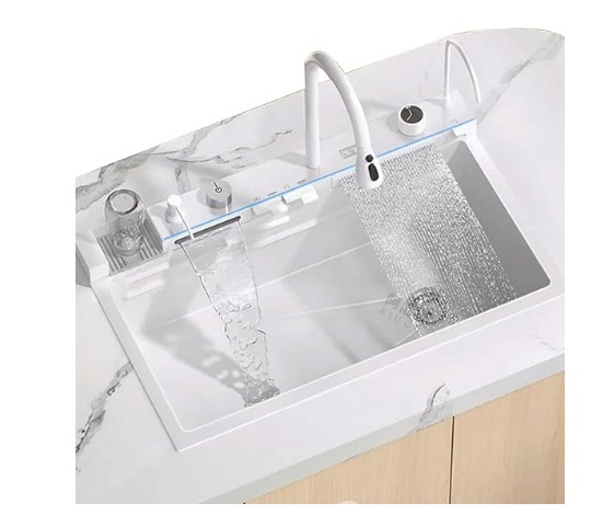 Chiuveta Multifuncționala Premium, din Otel Inoxidabil cu 2 cascade, jet spalare pahare, tocator din lemn natural si 2 cuve pentru spalat, Alb Mat [3]
