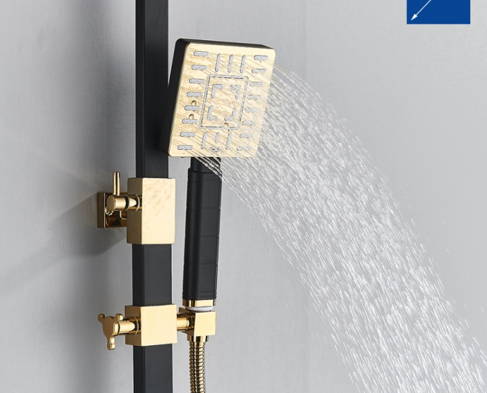 Coloana de dus cu para patrata 25 cm, negru mat cu auriu, efect de ploaie, 4functii [4]