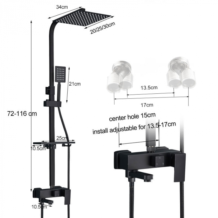 Coloana de dus cu para patrata 25 cm, negru mat, efect de ploaie, 3functii [8]