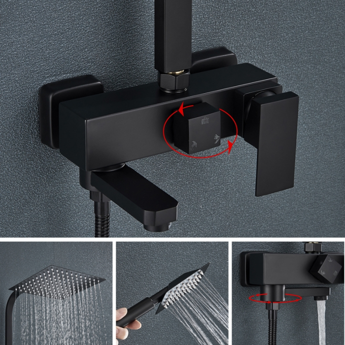 Coloana de dus cu para patrata 25 cm, negru mat, efect de ploaie, 3functii [6]