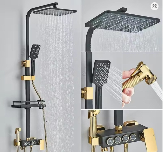 Coloana de dus cu termostat si afisaj, negru/auriu, cu efect de ploaie, 6 functii de curgere [2]
