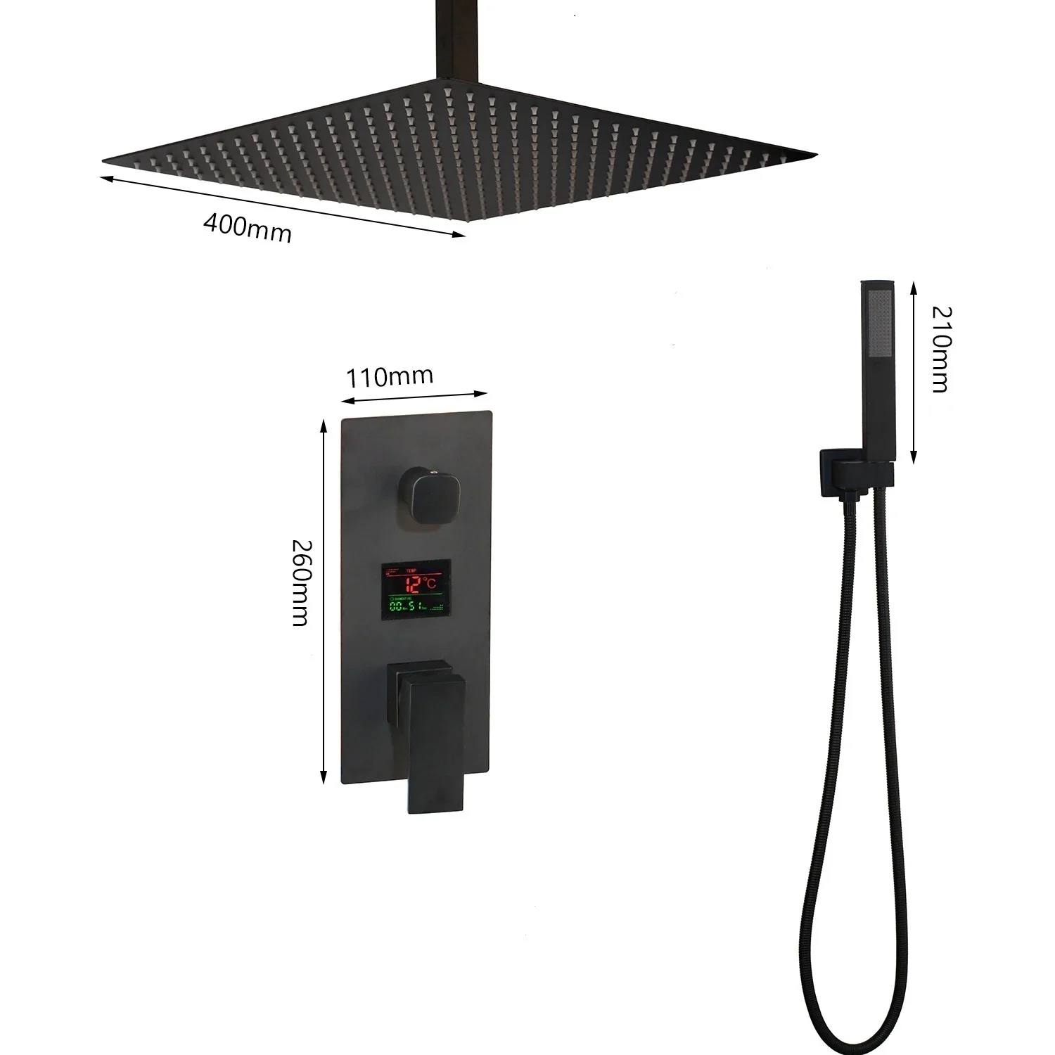Sistem de dus incastrat in tavan cu para patrata de 40cm, negru mat, 2 functii de curgere cu termostat [2]