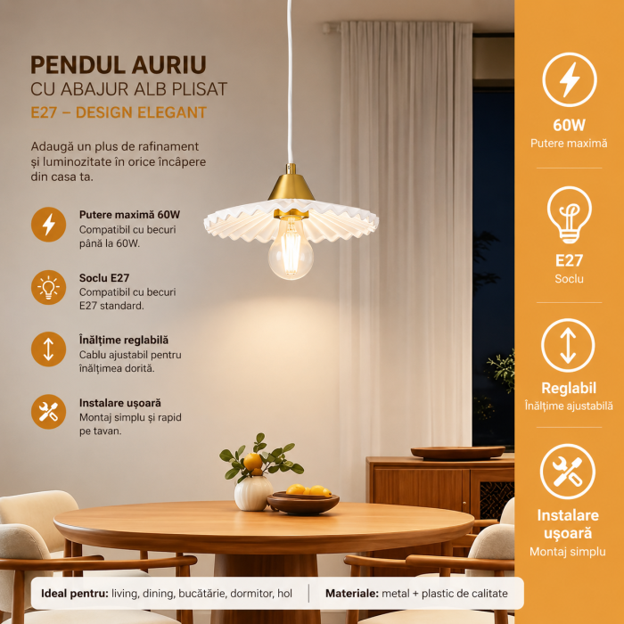 Pendul auriu cu abajur alb plisat E27 [3]
