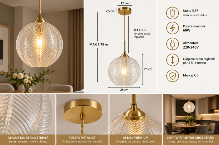 Lustră suspendată glob sticlă striată Ø25 cm E27 auriu [3]