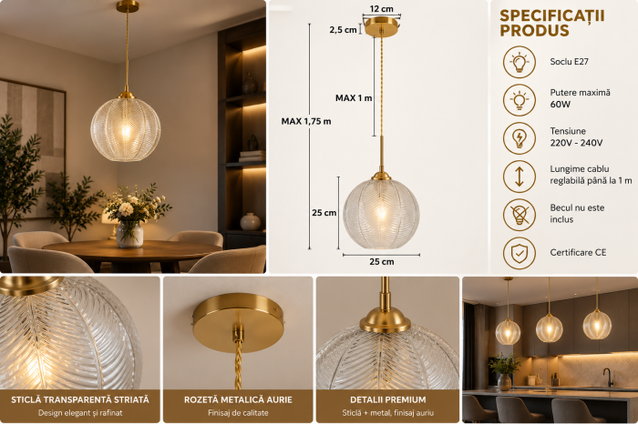 Lustră suspendată glob sticlă striată Ø25 cm E27 auriu [2]