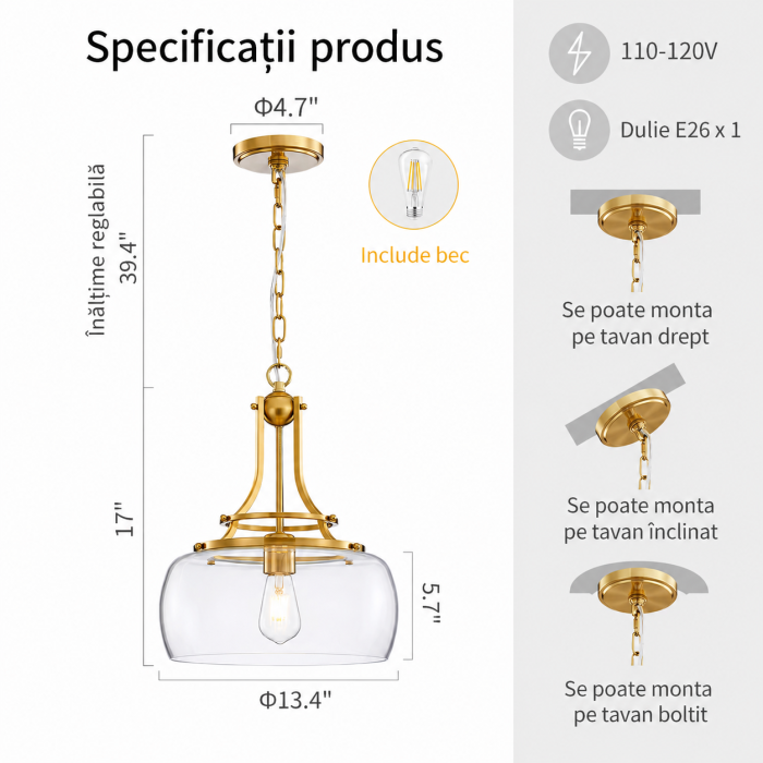 Pendul auriu cu abajur din sticlă transparentă 34 cm [5]