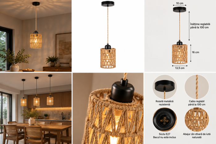 Pendul Boho din iută naturală E27 Ø13,5 cm cu cablu reglabil [2]