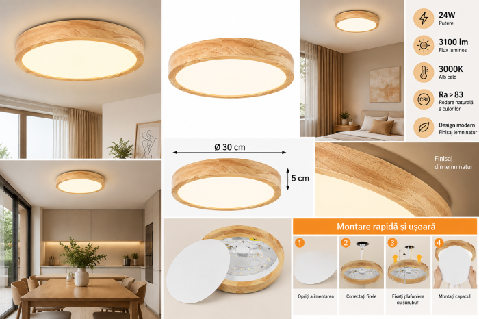 Plafonieră LED rotundă 24W Ø30 cm 3000K aspect lemn natur [3]