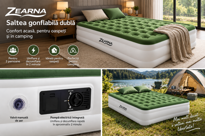 Saltea gonflabilă dublă ZEARNA 203x152x40 cm cu pompă electrică verde [4]