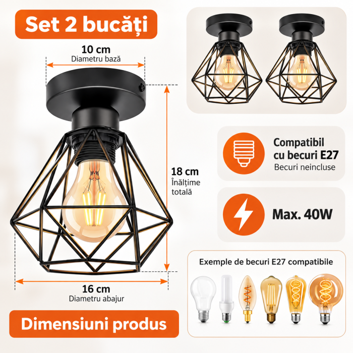 Set 2 plafoniere vintage tip cușcă E27 Ø16 cm – Negru [4]