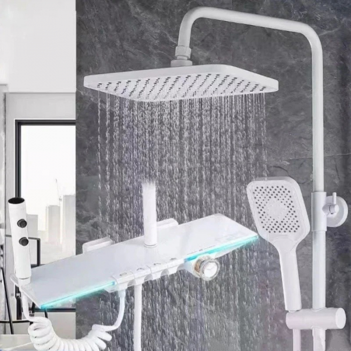 Set de Dus , Termostatat, Montare pe Perete, Cu Cap de Dus Reglabil 80-115 cm, Afisaj LED cu Temperatura, Iluminare Ambianta Colorata, Buton pentru Moduri Multiple, pentru Apa Calda si Rece, Alb [2]