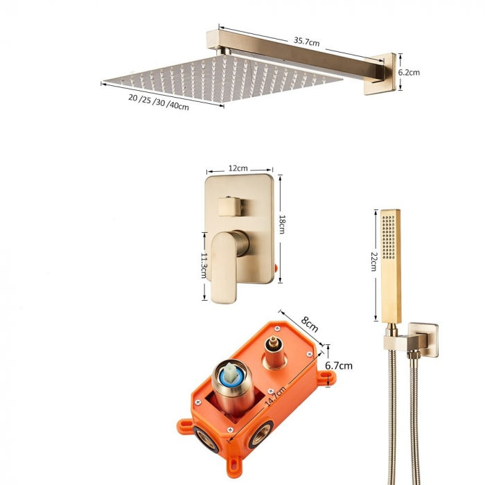 Sistem de dus incastrat auriu nichelat, para patrata 40cm cm, doua functii de curgere a apei [4]