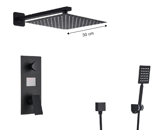 Sistem de dus incastrat cu para patrata de 30 cm, negru mat, 2 functii de curgere cu termostat pentru reglarea temperaturii apei [2]