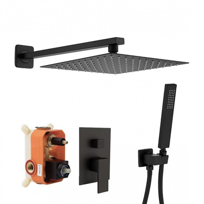 Sistem de dus incastrat cu para patrata de 40 cm, negru mat, 2 functii de curgere a apei [4]