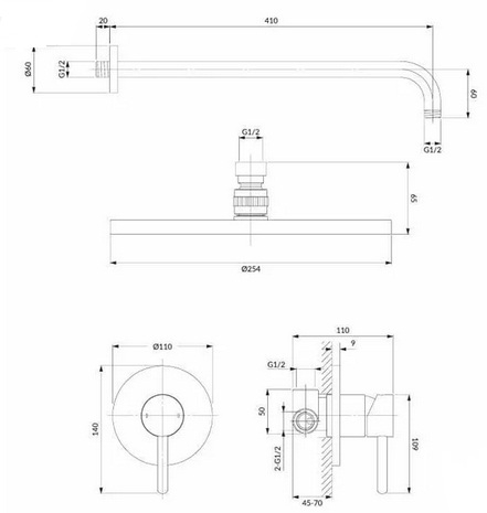 Sistem de dus incastrat cu para rotunda 25 cm , negru mat [2]
