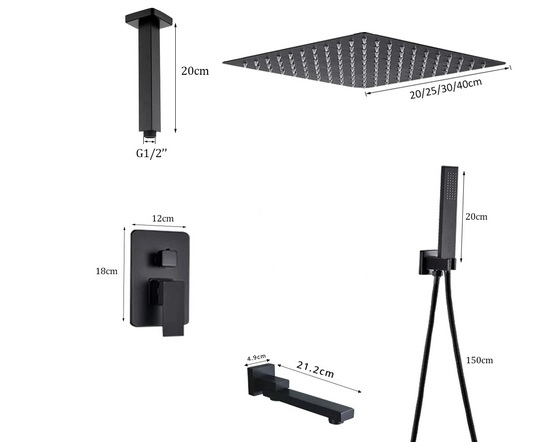 Sistem de dus incastrat in tavan cu para patrata de 30cm, negru mat, 2 sau 3 functii de curgere [2]