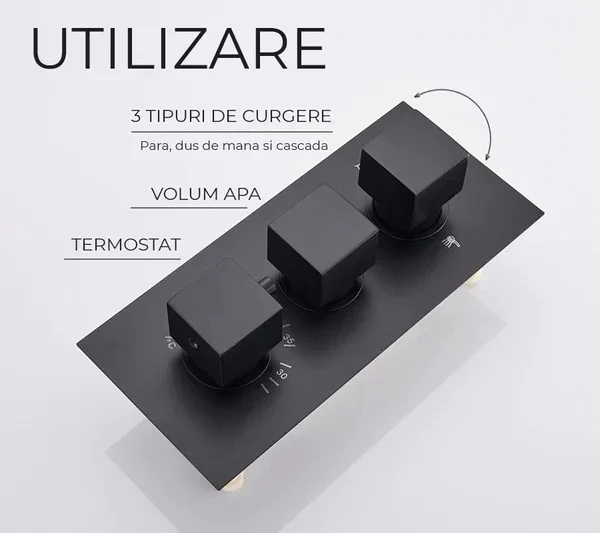 Sistem de dus incastrat in tavan, termostatic, negru mat 50x50 [2]