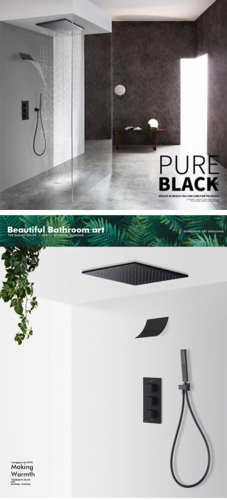 Sistem de dus incastrat in tavan, termostatic, negru mat, tip cascada, 30X30 [2]