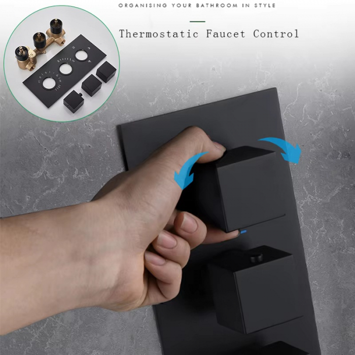 Sistem de dus incastrat in tavan, termostatic, negru mat, tip cascada, 30X30 [4]