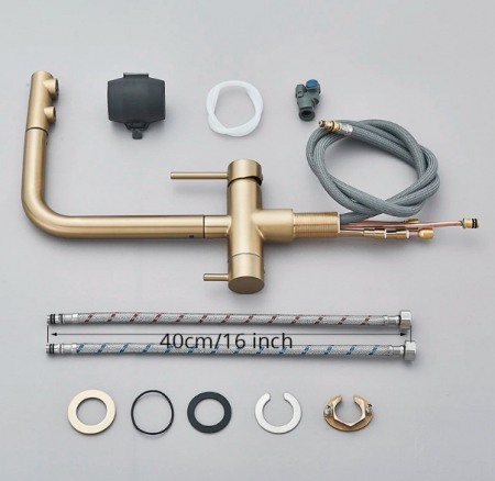 Baterie bucatarie, 3 cai, pentru filtru de purificare, dus extractibil, auriu nichelat [3]