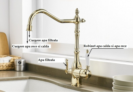 Baterie bucatarie clasica , auriu luios cu robinet separat pentru apa filtrata. [1]