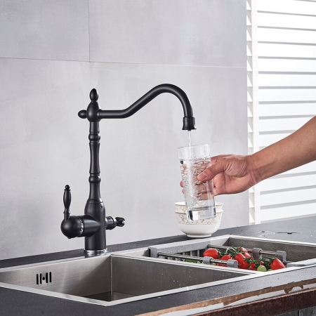 Baterie bucatarie clasica , negru mat cu robinet separat pentru apa filtrata. [2]