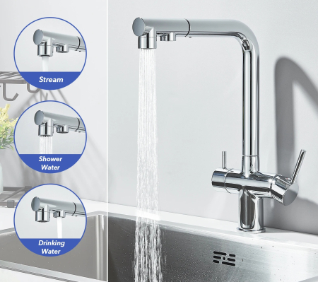 Baterie bucatarie cu 3 cai, pentru filtru de purificare, argintiu cromat [7]