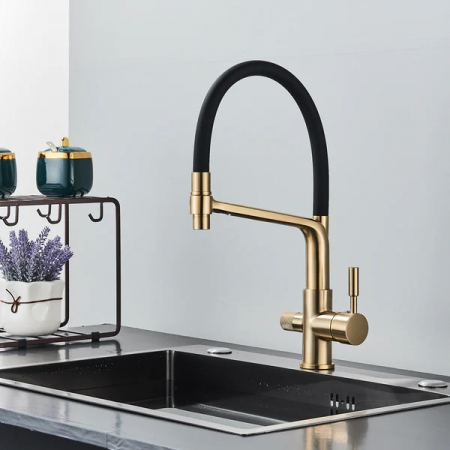 BUCATARIE - Baterie bucatarie cu 3 cai pentru filtru de purificare, auriu cu negru